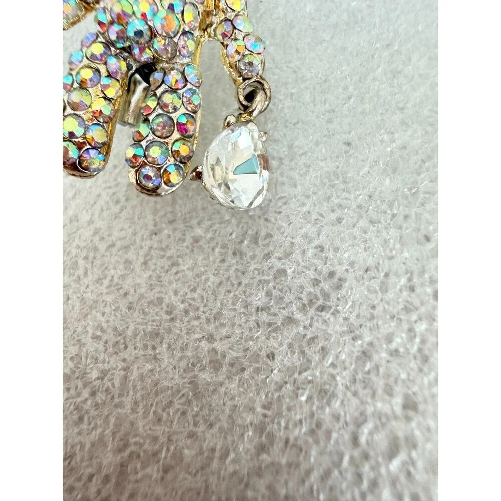 Vintage 1980s AB Rhinestone Teddy Bear Brooch Dangling Teardrop Crystal Pin DES